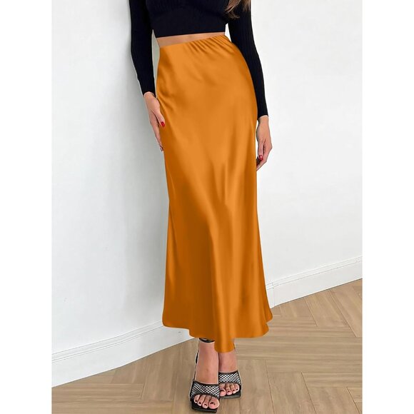 Women Orange Maxi Dressy Casual Zipped High Waisted Silk Elegant Long Skirt - Picture 4 of 7